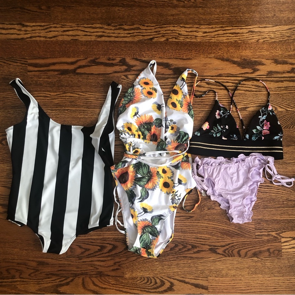 H&M floral black bikini, SHEIN sunflower one piece, Boutique swim bundle